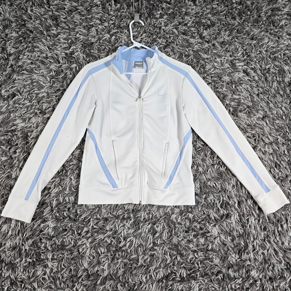 Nike FIT DRY Track Jacket Womens Small White Blue Full Zip 207231-104